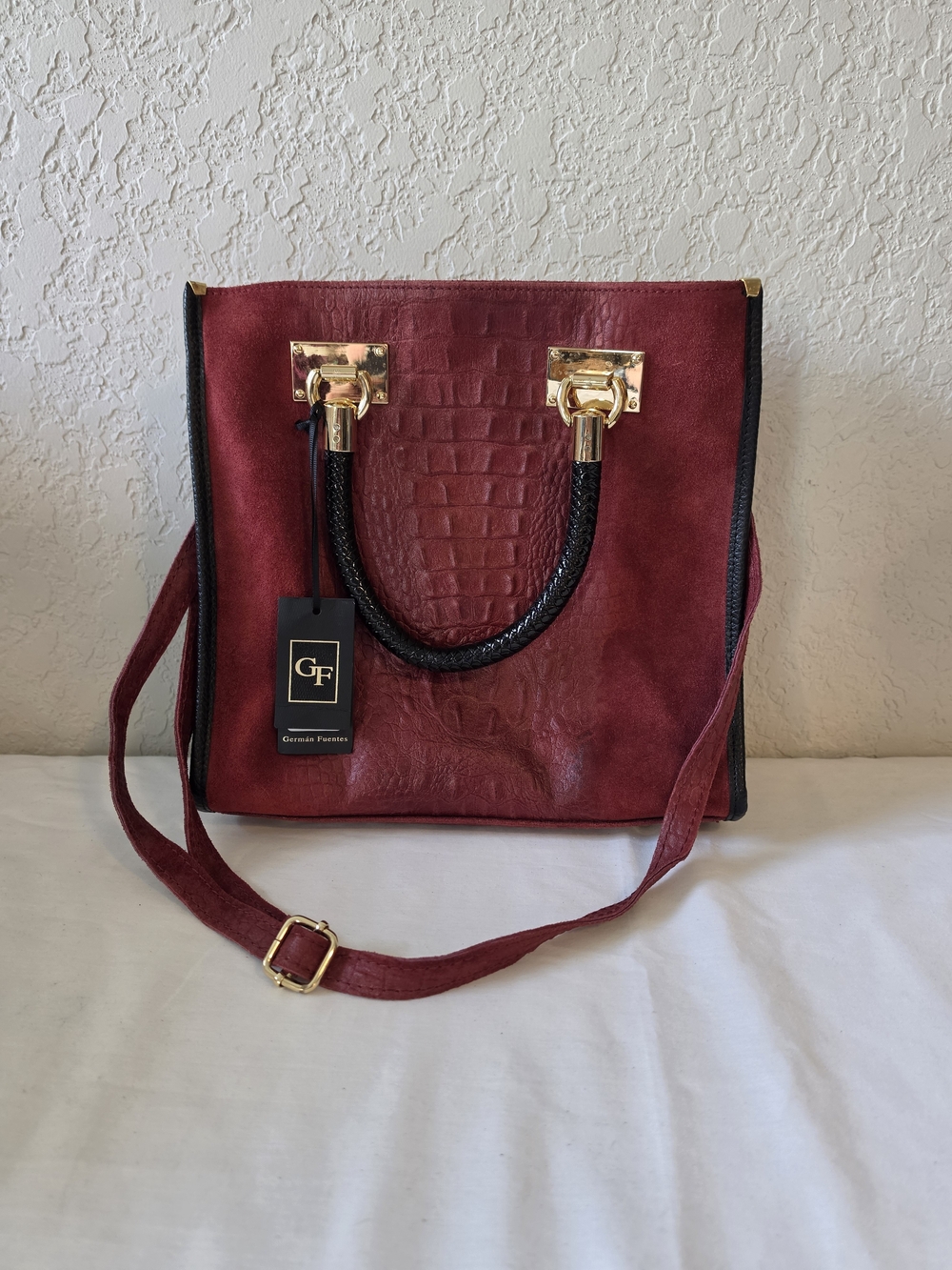 GF Burgundy Croc-Embossed Suede Tote with Black Handles